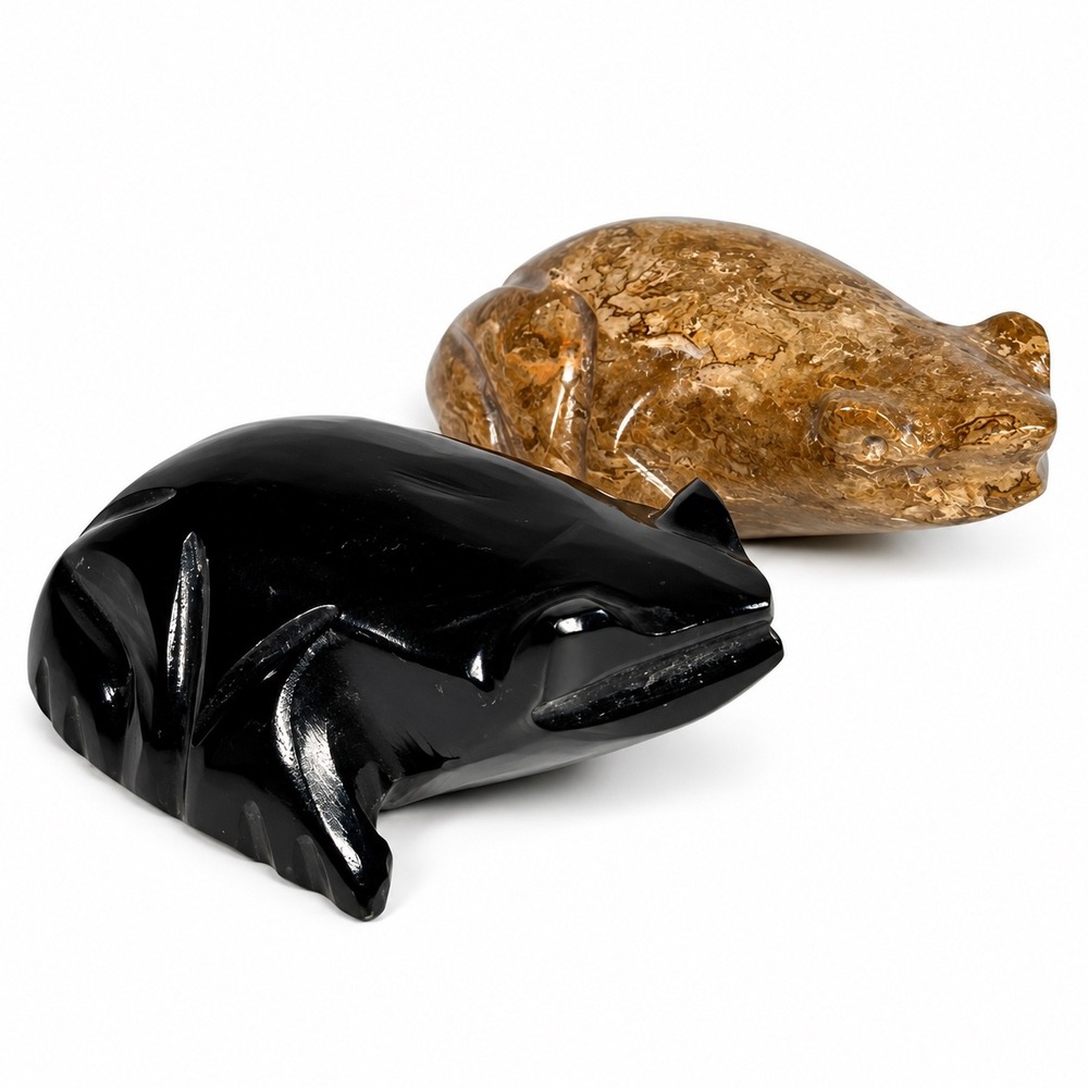 Vintage Hand Carved Stone Frog Figurine Set Black Obsidian & Brown Marbled Stone